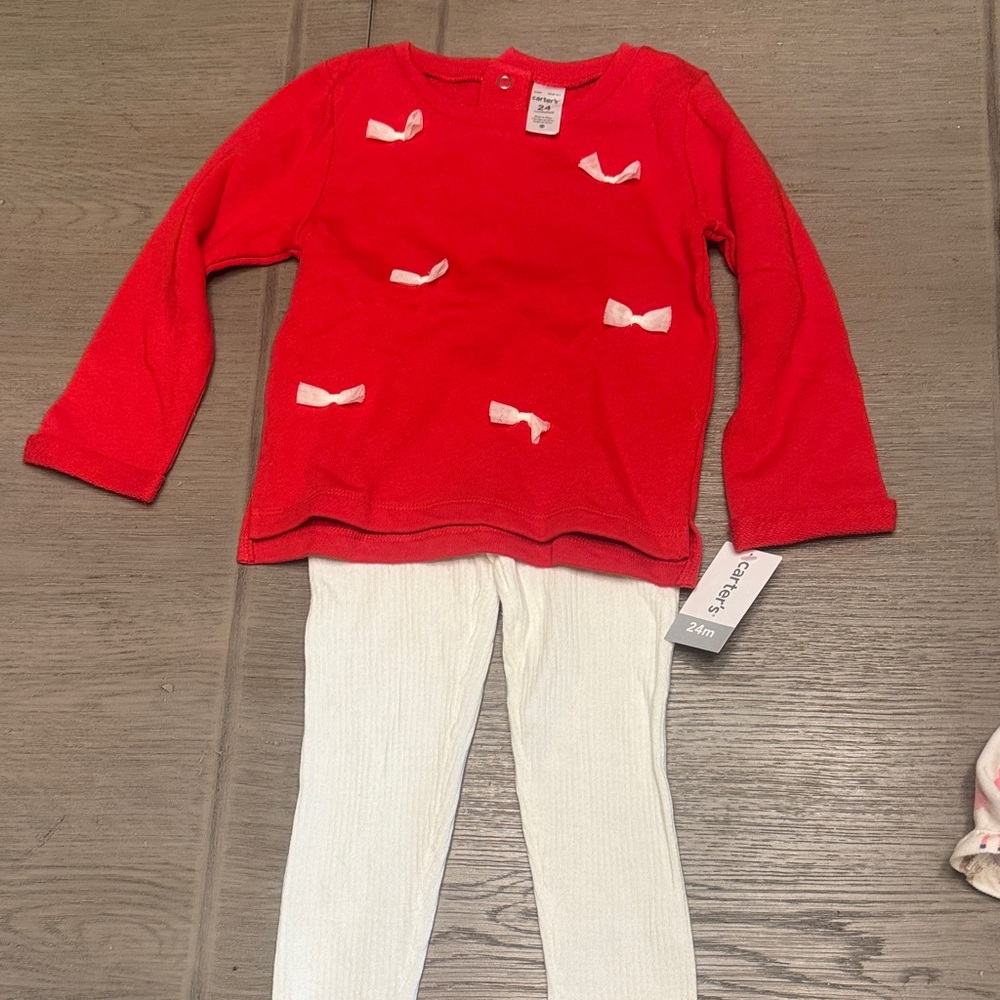 Carter's Red Sweater with Bows and White Leggings